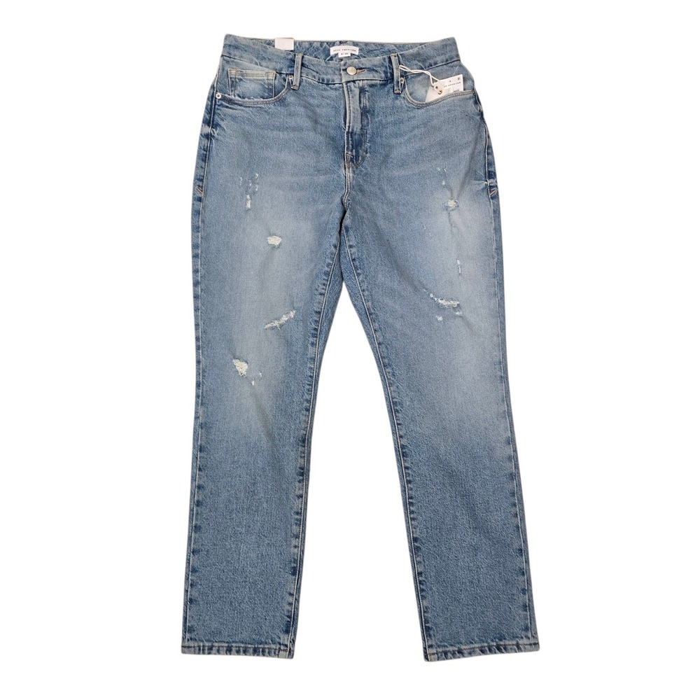 Good‎ American Good Classic Straight Leg Jeans Light Wash Distressed Size 8 29